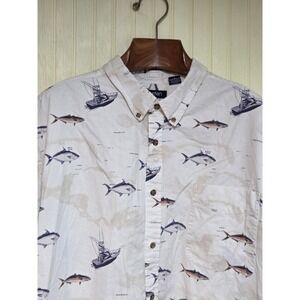 Puritan Shirt Mens 3XL White‎ Nautical Fish Boat Print Button Down Short Sleeve